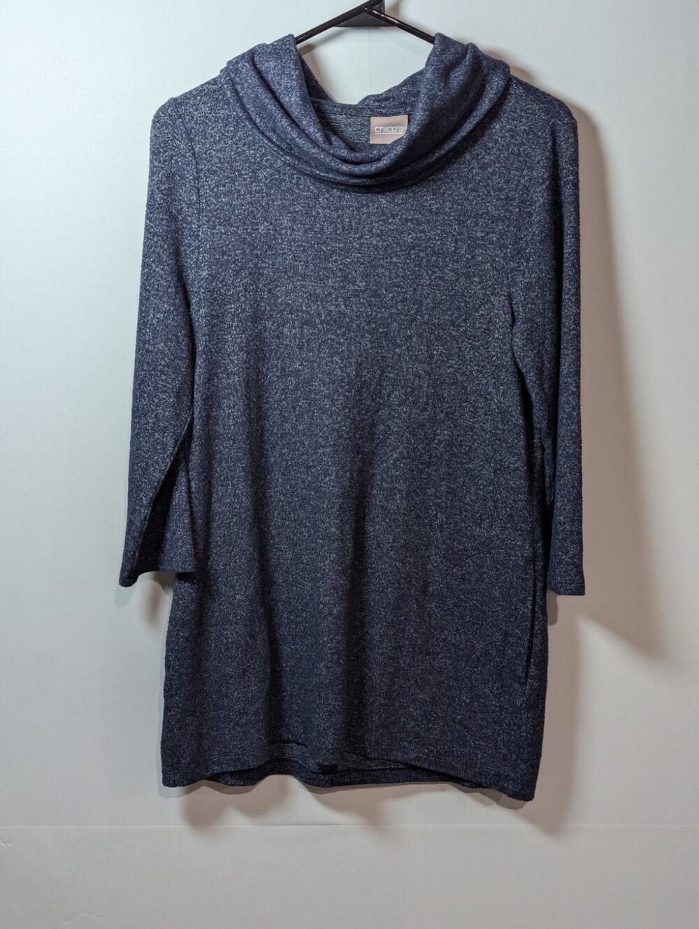 Chico's Cowl Neck Sweater Shirt Tunic Blue Flecked Size Small 0 Pullover Pockets